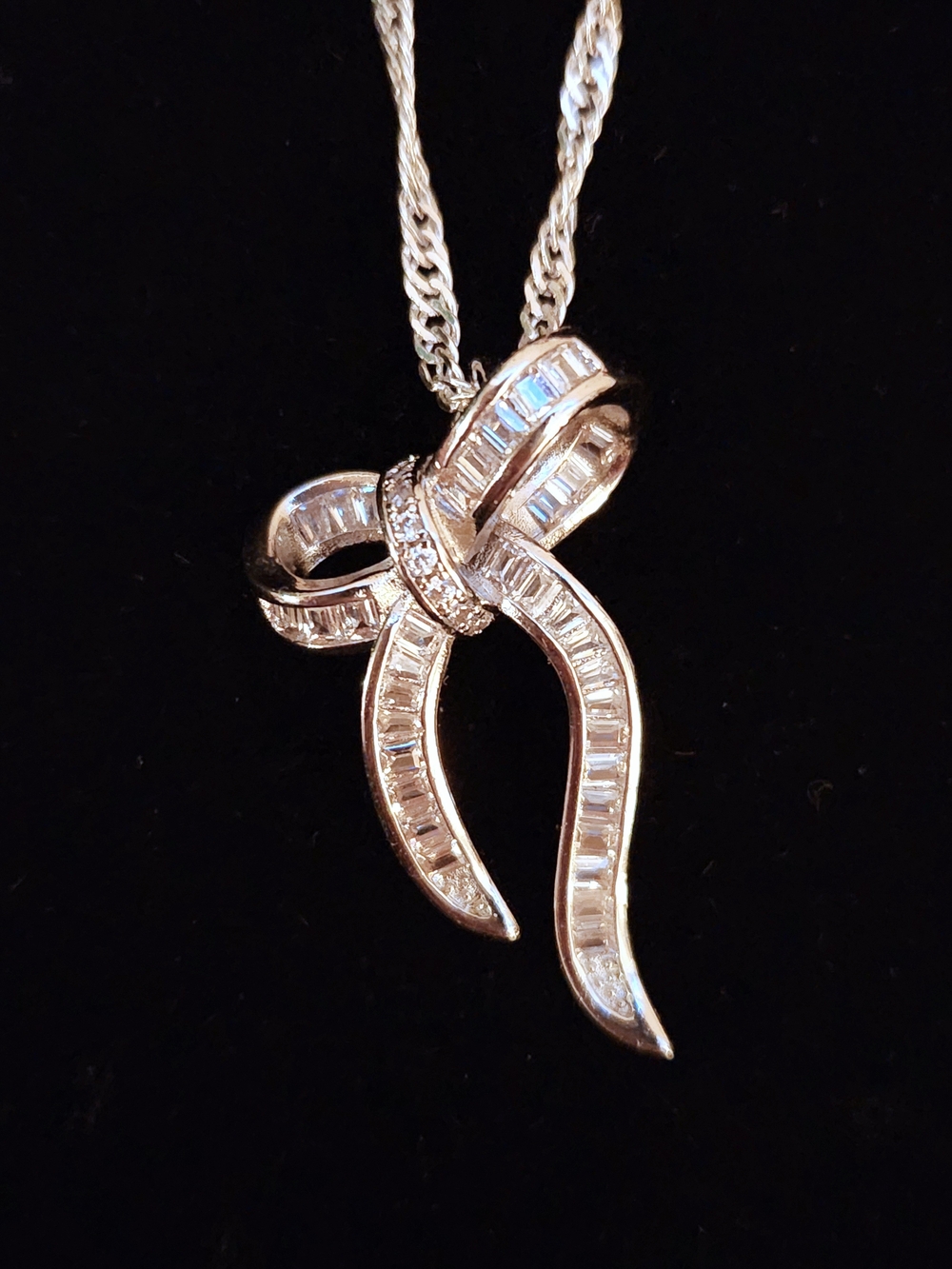 Sterling Silver Ribbon Pendant Necklace with Baguette Stones
